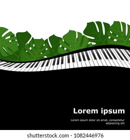 Piano keyboard and monstera leaves frame as template for card. Vector illustration