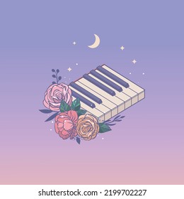 Piano keyboard, Moon and roses. Vector hand drawn illustration