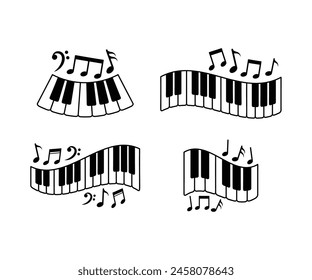piano keyboard with music note flying vector icon design simple black white illustration collections templates