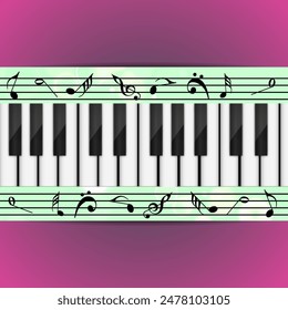 Piano Keyboard with Music Notes Elements on Purple Pink Background.