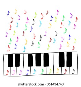 Piano keyboard with notes, colored