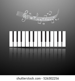 Piano Keyboard with Notes and Staff on Dark Silver Background. Vector LP Cover Design.