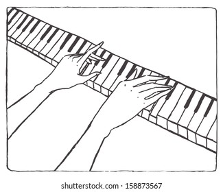 Piano keyboard and pianist hands