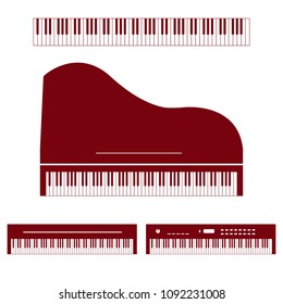 Piano and keyboard realistic vector icon set red