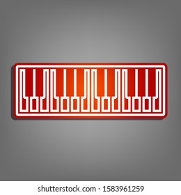 Piano Keyboard sign. Flat red icon with linear white icon with gray shadow at grayish background. Illustration.