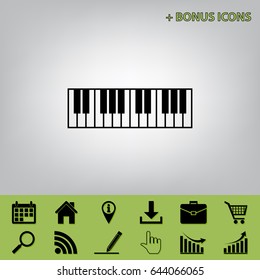 Piano Keyboard sign. Vector. Black icon at gray background with bonus icons at celery ones