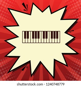 Piano Keyboard sign. Vector. Dark red icon in lemon chiffon shutter bubble at red popart background with rays.