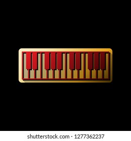 Piano Keyboard sign. Vector. Red icon with small black and limitless shadows at golden sticker on black background.