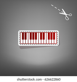 Piano Keyboard sign. Vector. Red icon with for applique from paper with shadow on gray background with scissors.