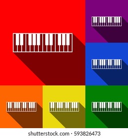 Piano Keyboard sign. Vector. Set of icons with flat shadows at red, orange, yellow, green, blue and violet background.