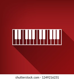 Piano Keyboard sign. Vector. White icon with limitless shadow at ruby red background.