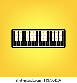 Piano Keyboard sign. Vector. Yellow polka dot white icon with black contour at warm yellow background.
