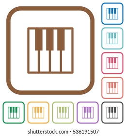 Piano keyboard simple icons in color rounded square frames on white background