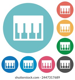 Piano keyboard solid flat white icons on round color backgrounds
