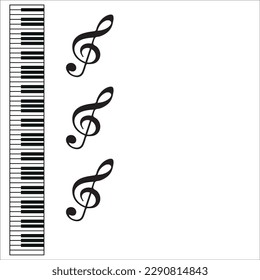 Piano keyboard with treble clefs on white background with copy space