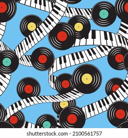 Piano keyboard, vinyl records, music seamless pattern, background