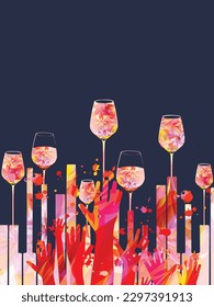 Piano keyboard with wine glasses and hands on dark background. Vector. Bar or restaurant poster for a cocktail party with live music. Party-fiesta invitation flyer. Design for events and celebrations
