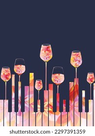 Piano keyboard with wine glasses on dark background. Vector. Bar or restaurant poster for a cocktail party with live music. Party-fiesta invitation flyer. Design for events and celebrations