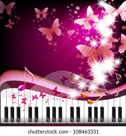 Piano keys with butterflies and stars