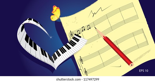 Piano keys with butterfly and music sheet