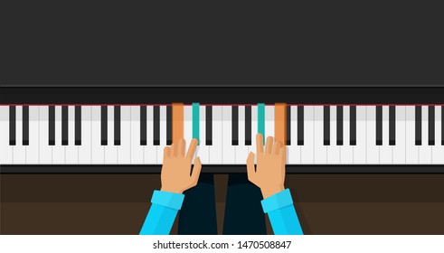 Piano Keys With Hands Learning Play Chords Vector Illustration, Flat Cartoon Piano Keyboard Lesson App For Studying