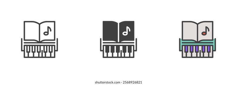 Piano keys and music notes icon. line and glyph version, outline and filled vector sign. linear and full pictogram. Music symbol, logo illustration. Different style icons set