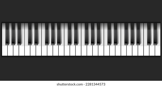Piano keys. Musical instrument keyboard top above view. Black and white classic or electric piano keys. 3d vector illustration