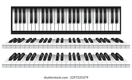 Piano keys. Musical instrument keyboard top above view. Black and white classic or electric piano keys. 3d vector illustration