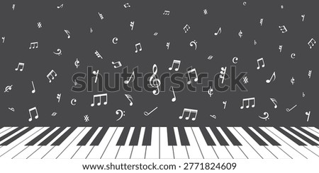 Piano keys with musical notes. Music banner with piano keyboard.