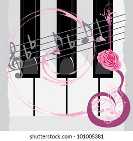 Piano keys, notes and abstract guitar with rose. Vector