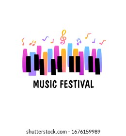 Piano Keys And Notes Sign. Vector Music Concert And Festival Logo Concept, Poster Background Template. Bright Logotype