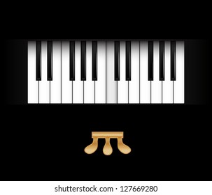 Piano keys with pressed key and pedals in vector on black