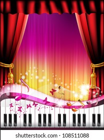 Piano keys with red curtain, butterflies and stars