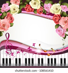 Piano keys with roses and butterflies