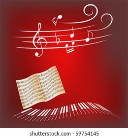 Piano keys, sheet music and music notes