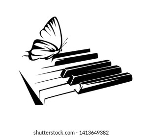 piano keys and sitting butterfly - elegant classical music black and white vector concept design