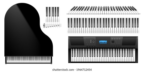 Piano keys top view. Realistic keyboard of classic piano instrument and modern digital electric synthesizer isolated on white background. Vector illustration