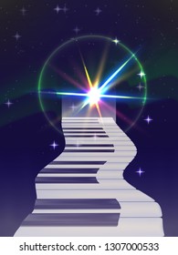 piano keys the track leaving in a flash of beams of light. night sky and stars background