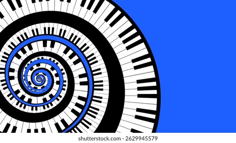 Piano keys twisted spiral backdrop. Instrumental concert announcement horizontal music banner. Minimalistic black and white vector on blue background