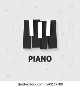 Piano keys vector flat black and white logo emblem, piano keyboard poster, music lesson symbol isolated on gray notes background