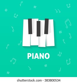 Piano keys vector flat logo, piano play emblem, piano keyboard, concert poster concept, piano sheet cover, music lesson symbol modern illustration design isolated on green notes background