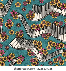 Piano keys vintage seamless pattern colorful with flowers for playing classical music or acoustic parties and concerts vector illustration