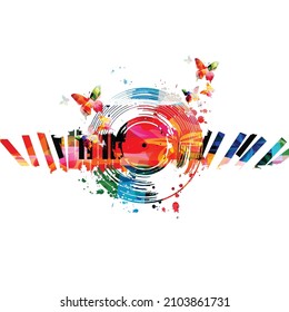 Piano keys with vinyl record disc and butterflies colorful vector illustration. Live concert events and jazz music festivals and shows promotional poster, party flyer