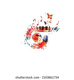 Piano keys with vinyl record disc and musical notes colorful vector illustration. Live concert events and jazz music festivals and shows promotional poster, party flyer