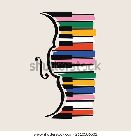 Piano Keys with Violin Silhouette, Vector Illustration, EPS 10,  Music design, concert posters, album covers, and artistic publications