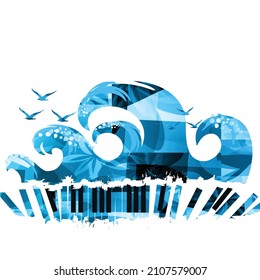 Piano keys with waves and seagulls isolated for live concert events, jazz music festivals and shows, party flyer. Musical promotional poster with piano keyboard, inspirational music vector