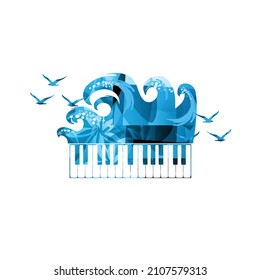 Piano keys with waves and seagulls isolated for live concert events, jazz music festivals and shows, party flyer. Musical promotional poster with piano keyboard, inspirational music vector