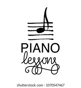 Piano lessons logo. Hand drawn music note, vector illustration