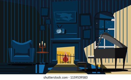 piano in living room at night vector illustration 