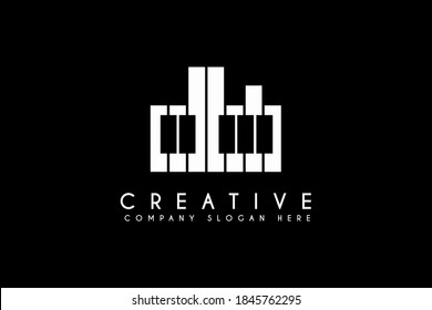 Klavierlogo, Design, Vektorgrafik. Design-Element des Piano-Logos. Geeignet für Geschäfts- und Musiklogos einzeln auf schwarzem Hintergrund